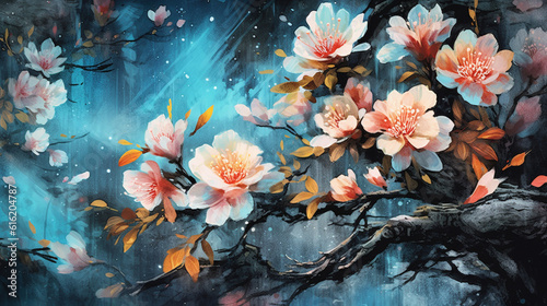 Flower Art Print in Chinese Ink Painting Style - Vivid Colors and Soft Flora on Tree Branches - Generative AI