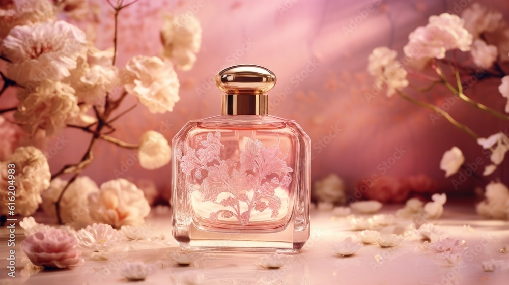 Bottle of perfume with flowers on a pink floral background. Perfumery collection. Genaretive Ai Bottle of perfume with flowers on a pink floral background. Perfumery collection. Genaretive Ai