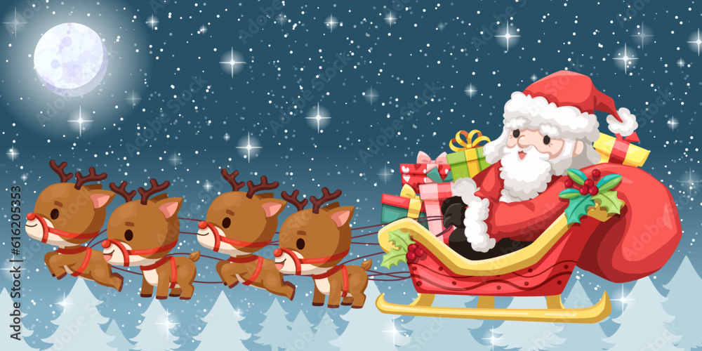 A sleigh takes Santa Claus to distribute gifts to children around the world.