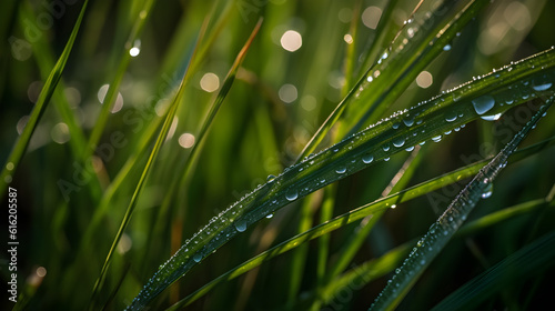 Dew-Kissed Blades of Green Grass, Macro Shot Embracing the Magic of Mornings