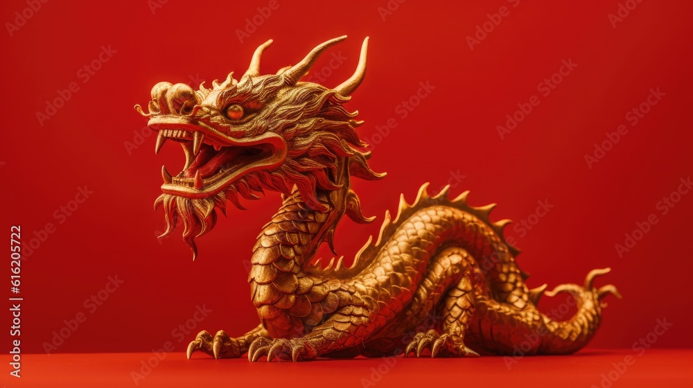 Chinese gold dragon in smart pose on red background. Genaretive Ai Chinese gold dragon in smart pose on red background. Genaretive Ai