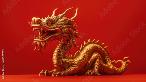 Chinese gold dragon in smart pose on red background. Genaretive Ai