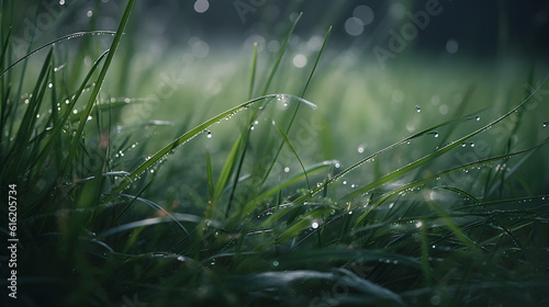 Misty Morning Dew on Verdant Green Grass, Macro Shot Infusing the Scene with Serene Elegance