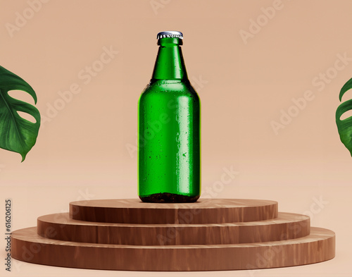Wooden stage with a beer mockup. Mockup of a beer bottle. Beige background with small green leaves. Mockup.