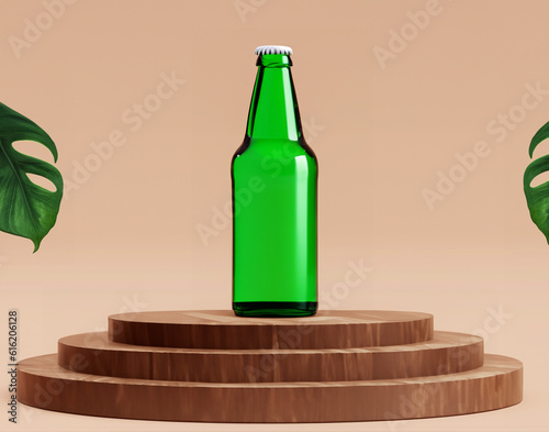 Wooden stage with a beer mockup. Mockup of a beer bottle. Beige background with small green leaves. Mockup.