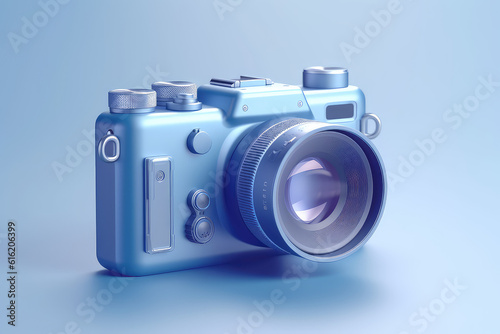Cute digital camera ui icon, blue frosted glass plastic style. Simple 3d photo camera on pastel background. Generative AI 3d rendering illustration imitation.
