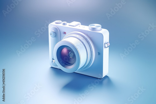 Cute camera ui icon, blue frosted glass plastic style. Simple 3d photo camera on pastel blue background. Generative AI 3d rendering illustration imitation.