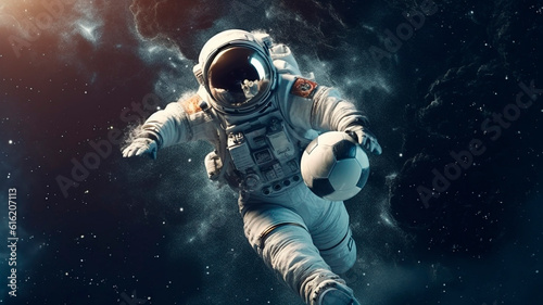 an astronaut in space playing football , space background