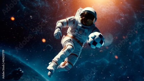 an astronaut in space playing football , space background