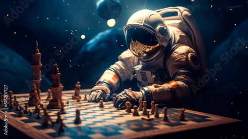  an astronaut in space playing chess , space background