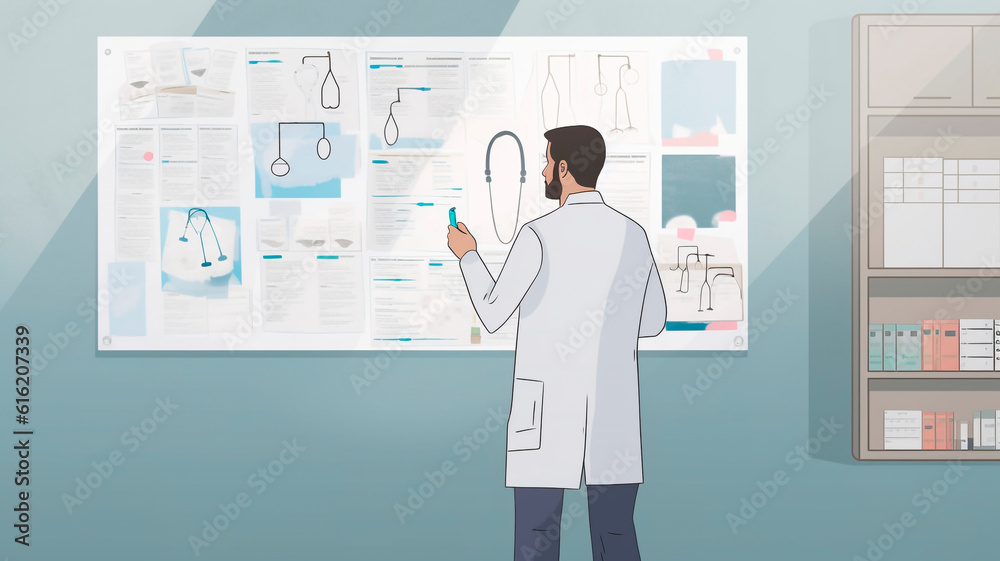 The picture shows a doctor wearing a white lab coat, standing in front of a wall or bulletin board.
The picture shows a doctor wearing a white lab coat, standing in front of a wall or bulletin board.