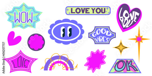 Retro stickers Y2K trend elements. Sticker heart, rainbow and wow for modern design. Cute badges in bright colors with love inscriptions. Flat vector illustration