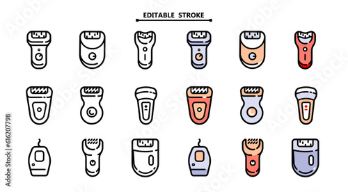 Epilator icons set color and outline vector. Skincare treatment. Laser depilation. Editable stroke.