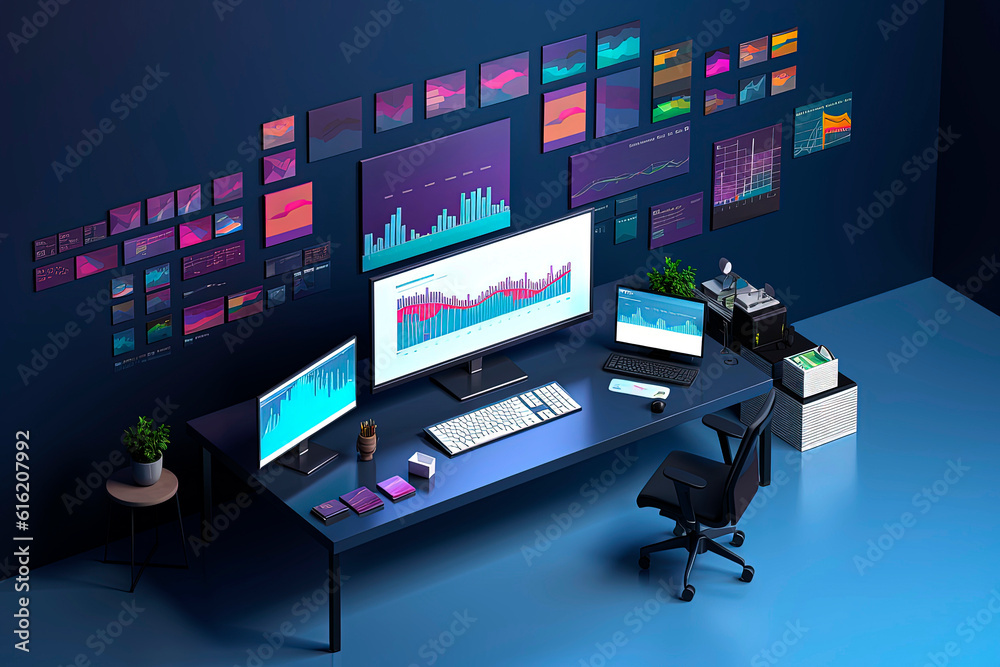 Fototapeta premium Generative AI illustration of isometric Workspace with table, chair, laptop and company charts