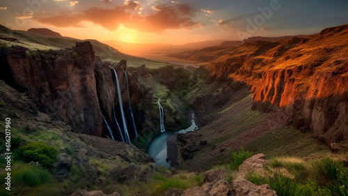 The waterfalls and mountains in a valley set against sunset 