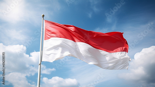 red and white Indonesian flag waving at the blue sky generative ai