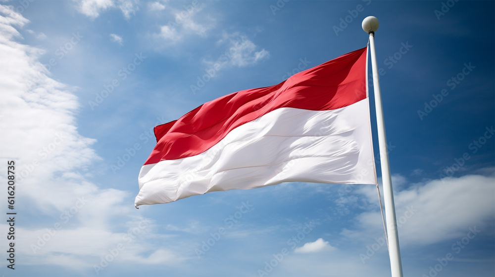 red and white Indonesian flag waving at the blue sky generative ai red and white Indonesian flag waving at the blue sky generative ai