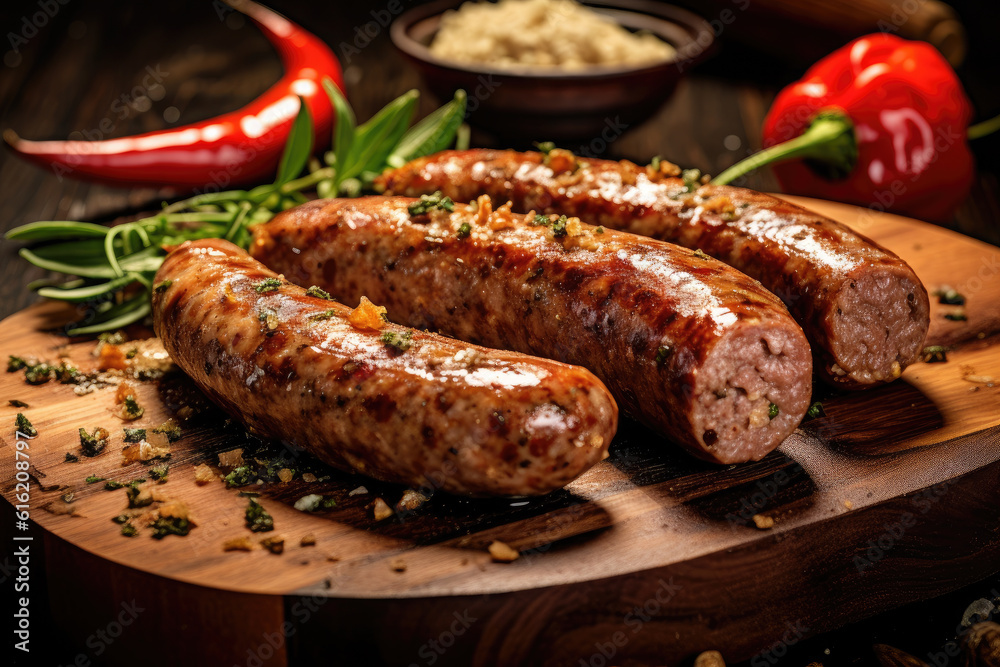 Grilled sausages with the addition of herbs on rustic wooden table