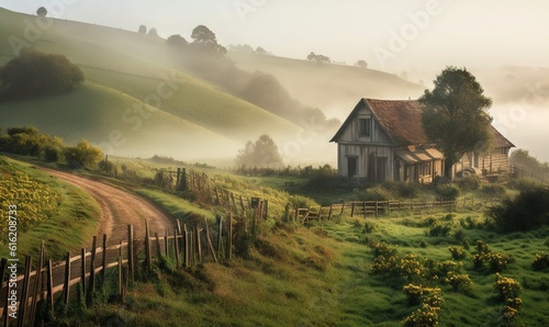  a house on a foggy hillside with a dirt road leading to it and a fence in the foreground with a field of flowers in the foreground. generative ai