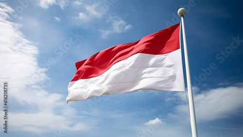 red and white Indonesian flag waving at the blue sky generative ai
