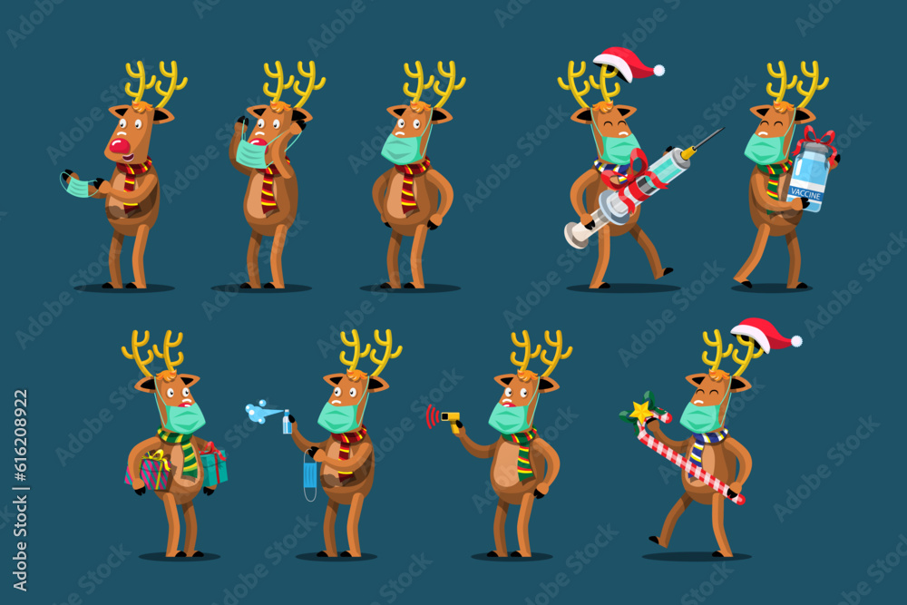 Fototapeta premium Vector isolated reindeer character with face mask and coronavirus vaccine in hands.