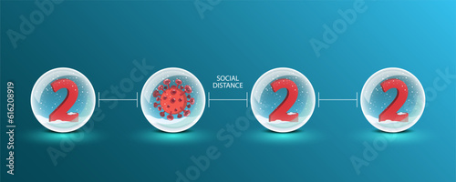 Happy New Year 2022 with a coronavirus inside the crystal ball.