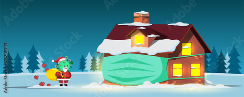 The scene of a house with face mask in a pine grove is snowing and Santa virus.