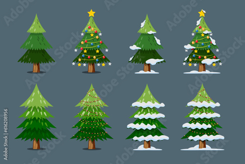 Vector christmas tree isolated with lightbulb, stars and balls, snow on the leaves on White Background.