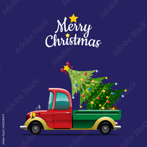 Merry Christmas Vector illustration Retro pickup truck Vintage style with christmas tree.