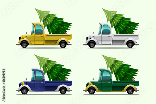 Merry Christmas Vector illustration Retro pickup truck Vintage style with christmas tree.