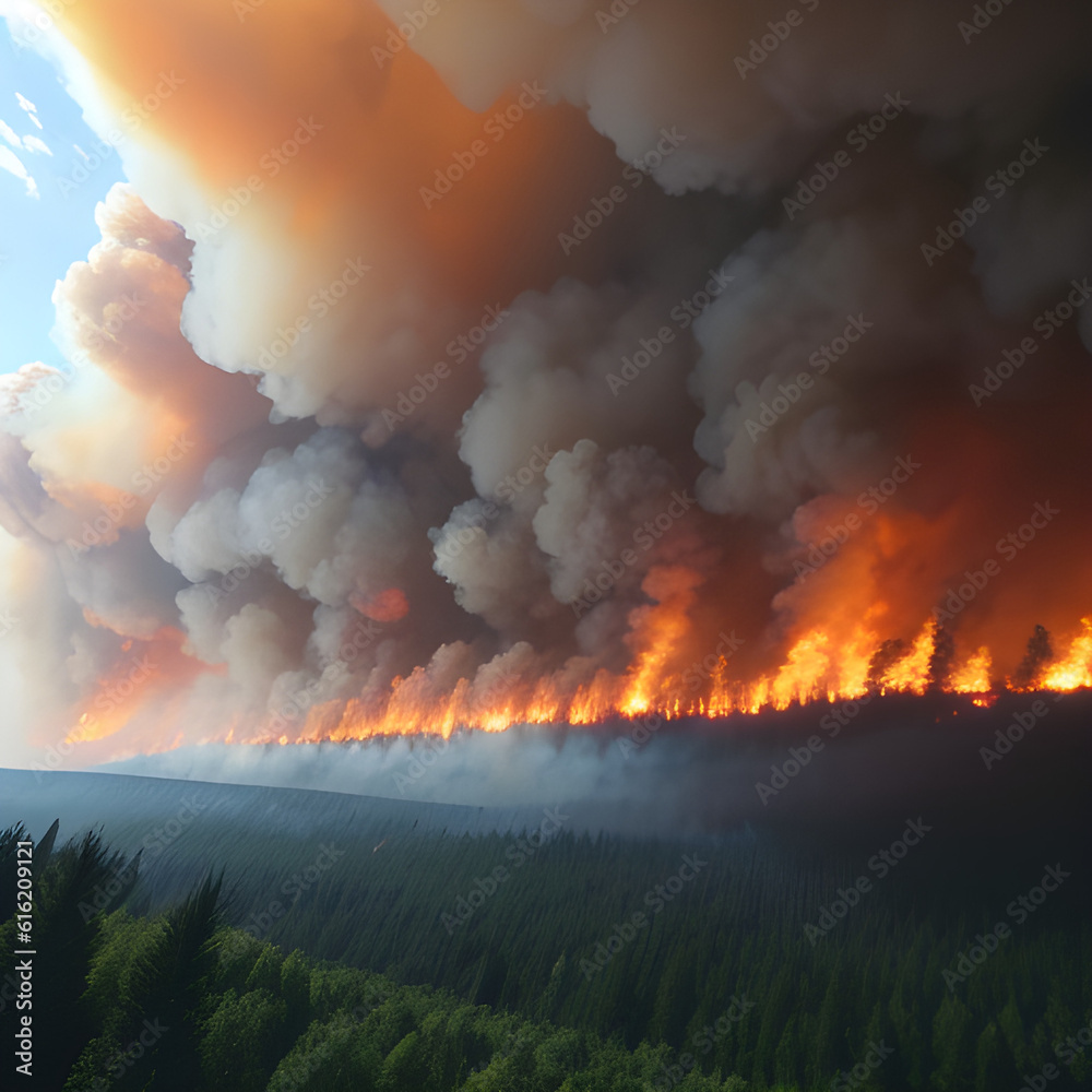 Massive forest fire, strong flames, forest fires with a lot of smoke and fire. A wildfire, forest fire, bushfire, wildland fire is an uncontrolled and unpredictable fire. generative AI