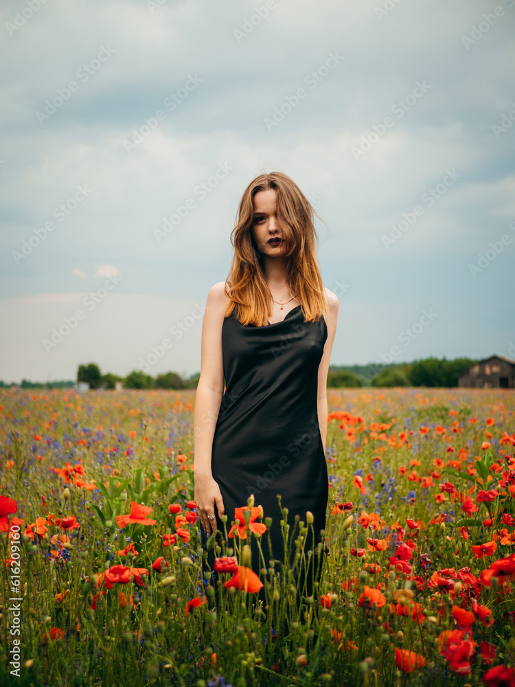 Beautiful young girl in a black evening dress posing against a poppy field on a cloudy summer day. Portrait of a female model outdoors. Rainy weather. Gray clouds. Vertical shot. Beautiful young girl in a black evening dress posing against a poppy field on a cloudy summer day. Portrait of a female model outdoors. Rainy weather. Gray clouds. Vertical shot.