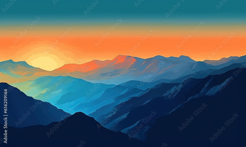 a painting of a mountain range with a sunset in the background and a bird flying over the top of the mountain to the right of the picture. generative ai a painting of a mountain range with a sunset in the background and a bird flying over the top of the mountain to the right of the picture. generative ai