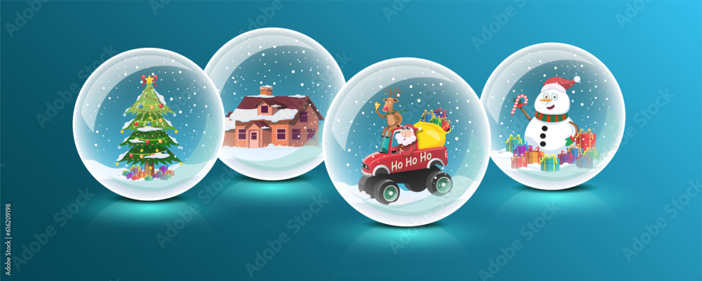 Christmas and New Year background banner. House, christmas tree, santa claus, reindeer in crystal balls ornament. Christmas and New Year background banner. House, christmas tree, santa claus, reindeer in crystal balls ornament.