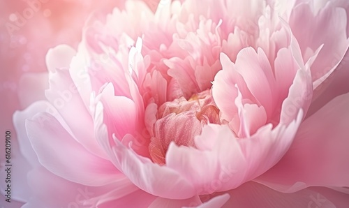  a close up of a pink flower with water droplets on it's petals and a blurry background of pink petals and leaves in the background. generative ai