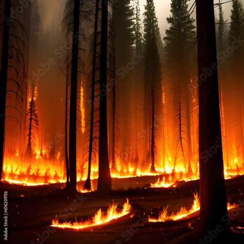 Massive forest fire, strong flames, forest fires with a lot of smoke and fire. A wildfire, forest fire, bushfire, wildland fire is an uncontrolled and unpredictable fire. generative AI