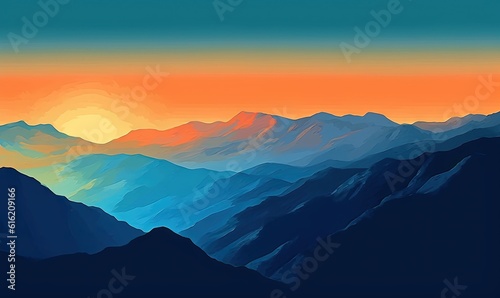  a painting of a mountain range with a sunset in the background and a bird flying over the top of the mountain to the right of the picture. generative ai