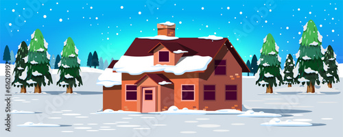 The scene rustic of a house in a pine grove is snowing. Snow fall in a scenery.