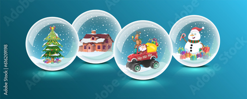 Christmas and New Year background banner. House, christmas tree, santa claus, reindeer in crystal balls ornament.