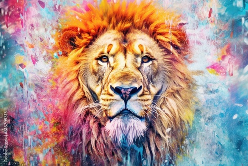 lion  form and spirit through an abstract lens. dynamic and expressive lion print by using bold brushstrokes  splatters  and drips of paint. lion raw power and untamed energy