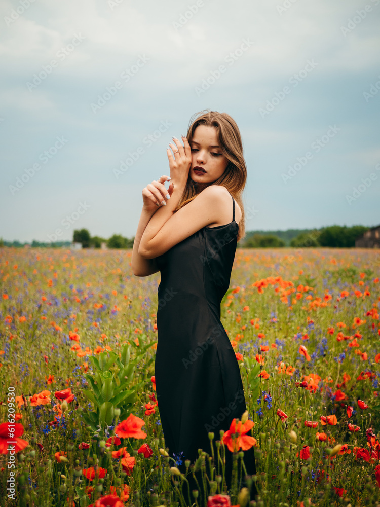 Beautiful young girl in a black evening dress posing against a poppy field on a cloudy summer day. Portrait of a female model outdoors. Rainy weather. Gray clouds. Vertical shot. Beautiful young girl in a black evening dress posing against a poppy field on a cloudy summer day. Portrait of a female model outdoors. Rainy weather. Gray clouds. Vertical shot.