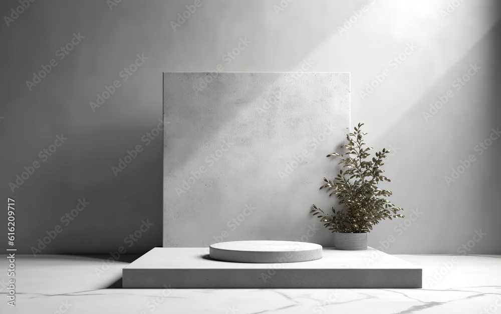 3d rendering empty mockup scene of cube rectangle podium for product template display, gray wall with daylight and shadow, plant in vase 3d rendering empty mockup scene of cube rectangle podium for product template display, gray wall with daylight and shadow, plant in vase