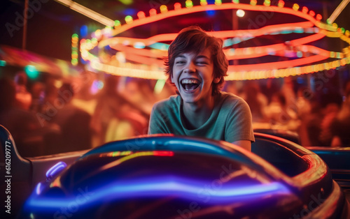 A happy teenager boy laughs and has fun on a bumper car