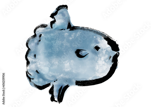 マンボウの手描き和風イラスト和風素材　右向き