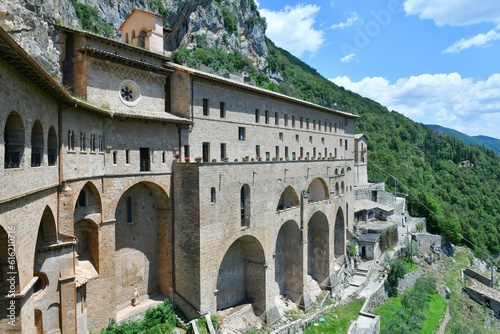 View of the monastery of San Benedetto in Subiaco, a medieval village near Rome, Italy.	