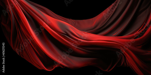 Red drape falling like wings isolated on flat black background. A beautiful luxury red fabric with pleats floats in the air. The texture of the burgundy fabric sweeps. Generative AI photo imitation. 
