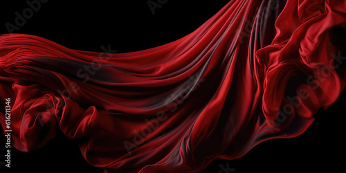Red drape falling like wings isolated on flat black background. Beautiful red fabric with pleats floats in air. The texture of the burgundy fabric sweeps. Generative AI photo imitation. 