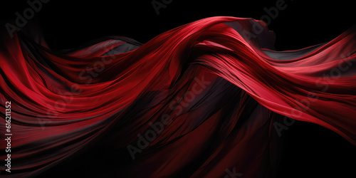 Red drape falling like wings isolated on flat black background. A beautiful red fabric with pleats floats in air. The texture of the burgundy fabric sweeps. Generative AI photo imitation. 