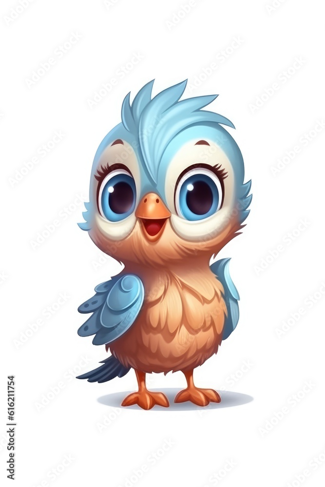 Cute baby Bird in Cartoon Style on white background - generative AI Cute baby Bird in Cartoon Style on white background - generative AI