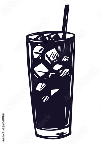Summer refreshing drink with ice. Cold cola with ice in glass. Graphic hand drawn vector sketch